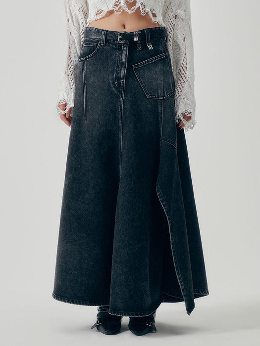 Wconcept_Treemingbird Panel Line Denim Flare Skirt [ Black ]