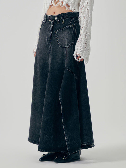 Wconcept_Treemingbird Panel Line Denim Flare Skirt [ Black ]