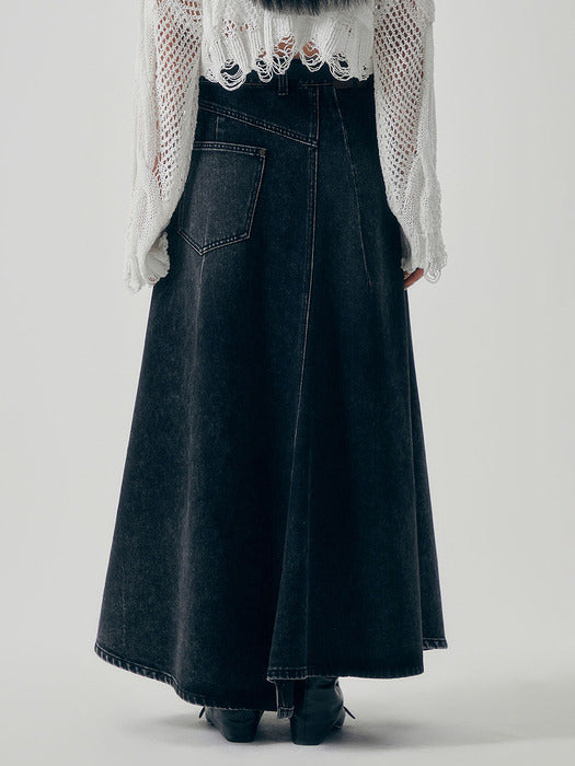 Wconcept_Treemingbird Panel Line Denim Flare Skirt [ Black ]