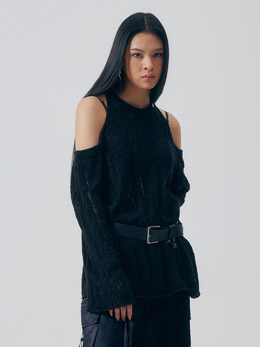 Wconcept_Treemingbird Off-Shoulder Cable Knit [ Black ]