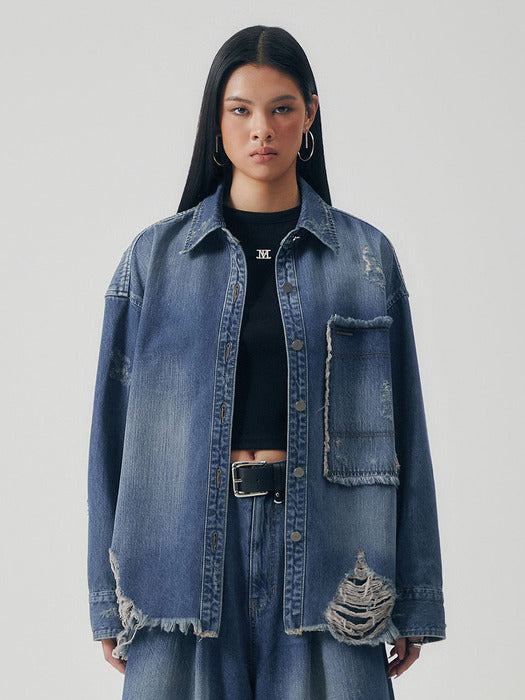 Wconcept_Treemingbird Distressed Square Denim Set-up Jacket [ Blue ]