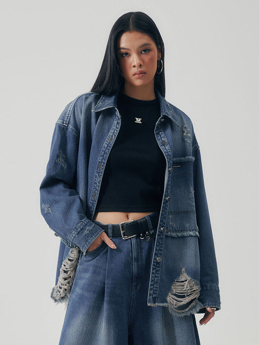 Wconcept_Treemingbird Distressed Square Denim Set-up Jacket [ Blue ]
