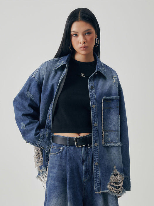 Wconcept_Treemingbird Distressed Square Denim Set-up Jacket [ Blue ]