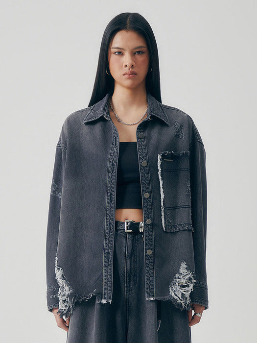 Wconcept_Treemingbird Distressed Square Denim Set-up Jacket [ Gray ]