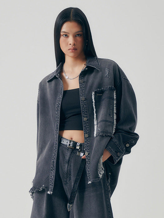 Wconcept_Treemingbird Distressed Square Denim Set-up Jacket [ Gray ]