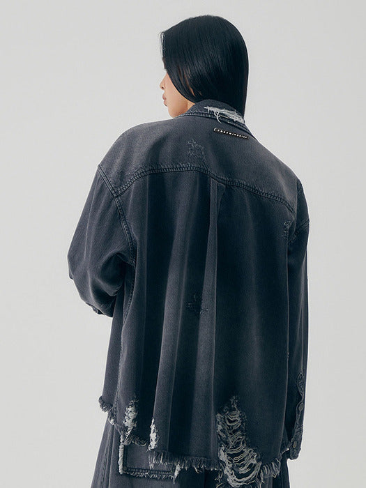 Wconcept_Treemingbird Distressed Square Denim Set-up Jacket [ Gray ]