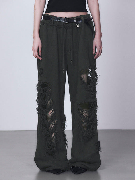 Wconcept_Treemingbird Scratch Damage Wide Sweat Pants [ Charcoal ]