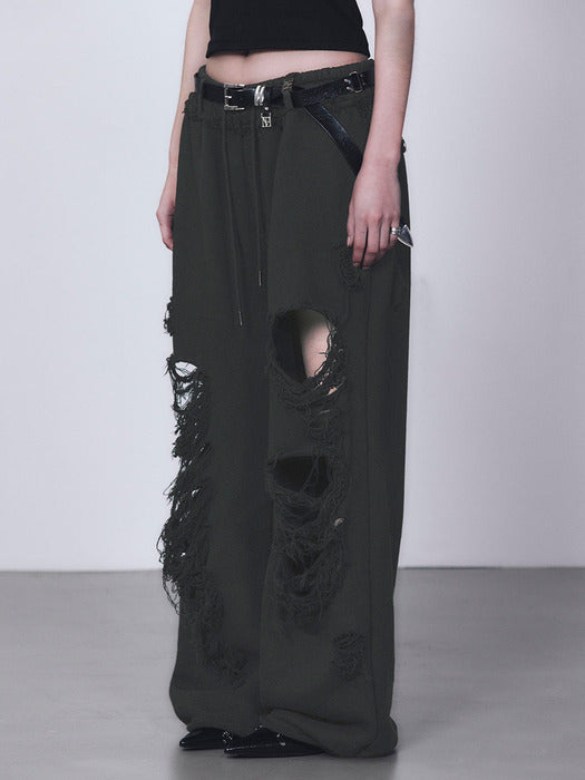 Wconcept_Treemingbird Scratch Damage Wide Sweat Pants [ Charcoal ]