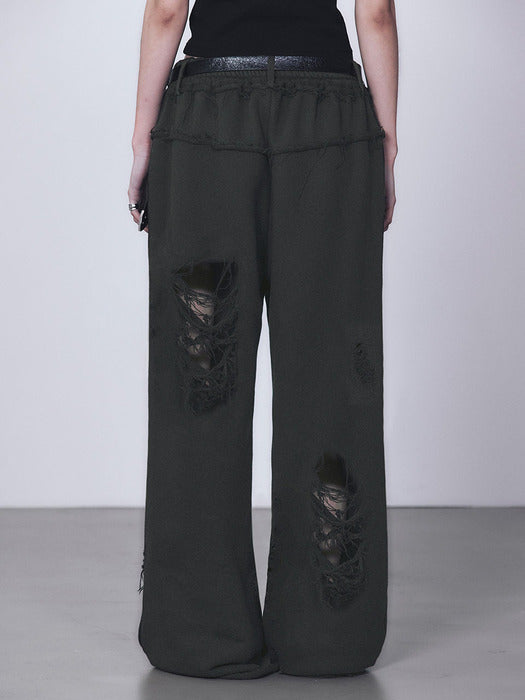 Wconcept_Treemingbird Scratch Damage Wide Sweat Pants [ Charcoal ]