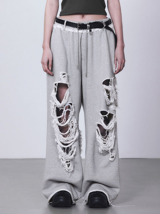 Wconcept_Treemingbird Scratch Damage Wide Sweat Pants [ Melange Gray ]