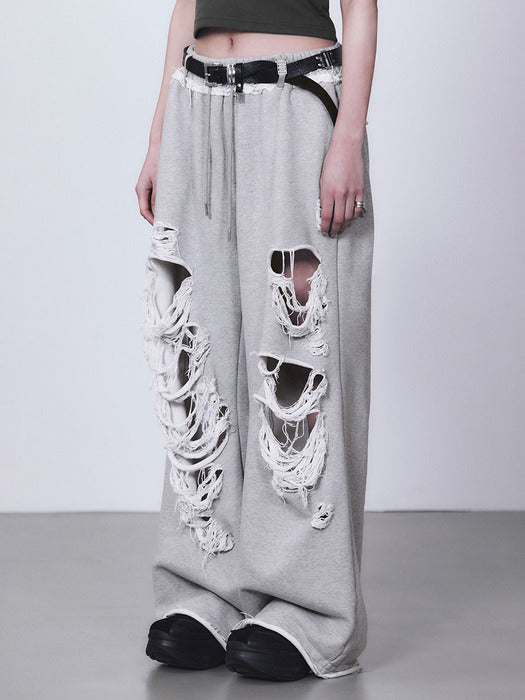 Wconcept_Treemingbird Scratch Damage Wide Sweat Pants [ Melange Gray ]