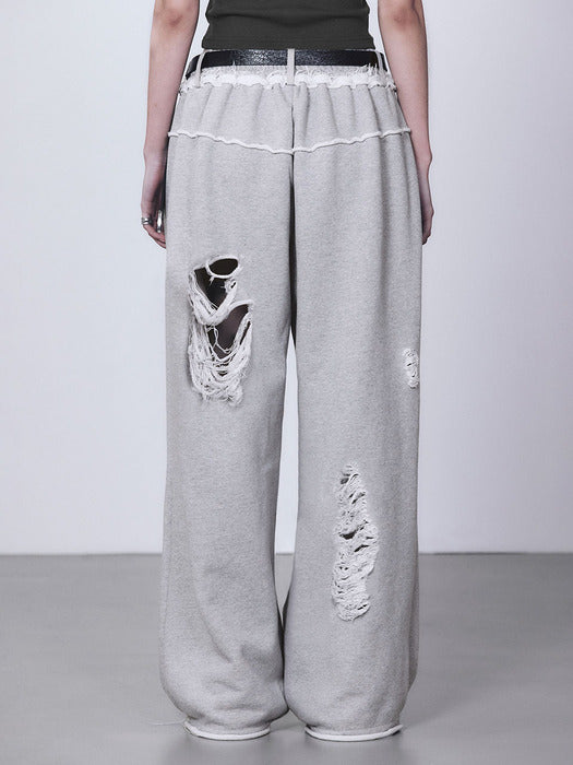 Wconcept_Treemingbird Scratch Damage Wide Sweat Pants [ Melange Gray ]
