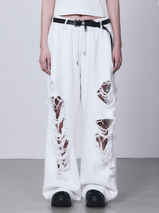 Wconcept_Treemingbird Scratch Damage Wide Sweat Pants [ White ]