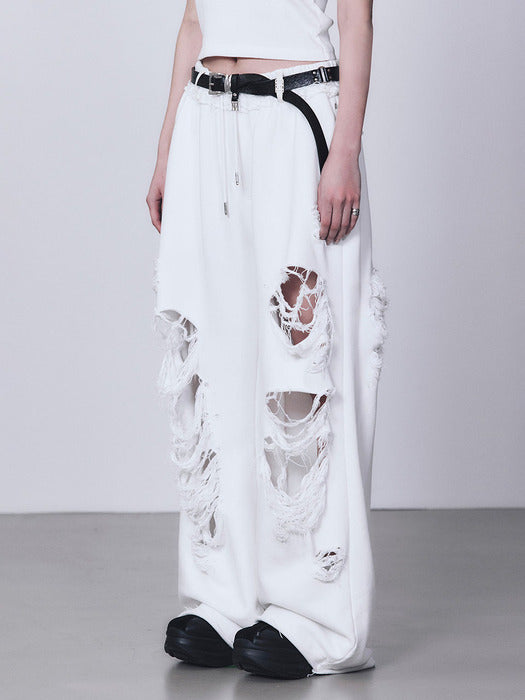 Wconcept_Treemingbird Scratch Damage Wide Sweat Pants [ White ]