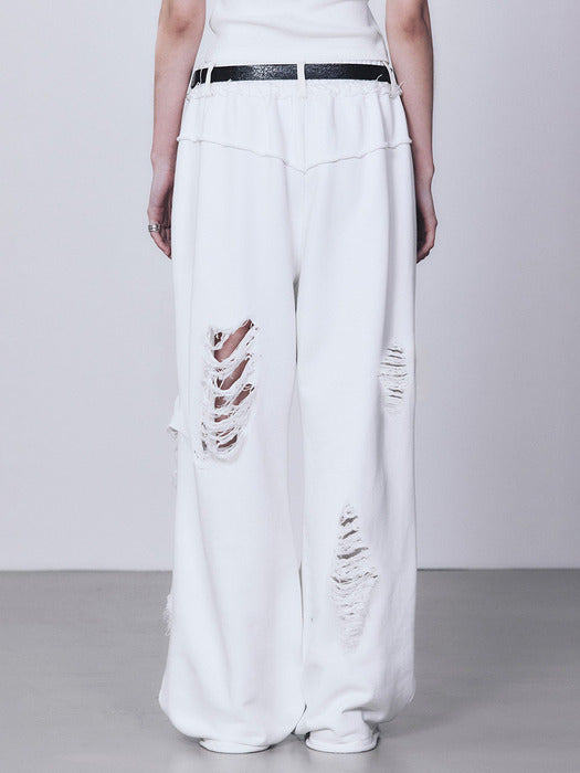 Wconcept_Treemingbird Scratch Damage Wide Sweat Pants [ White ]