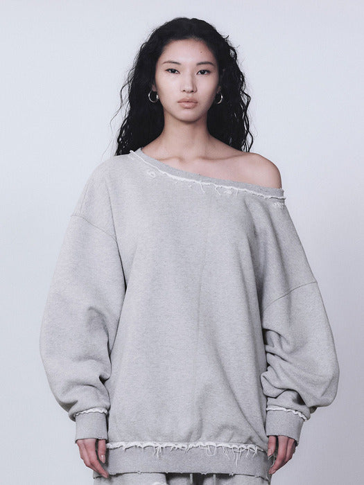 Wconcept_Treemingbird Scratch Damage Boat Neck Sweat Shirt [ Melange Gray ]