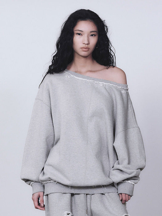 Wconcept_Treemingbird Scratch Damage Boat Neck Sweat Shirt [ Melange Gray ]