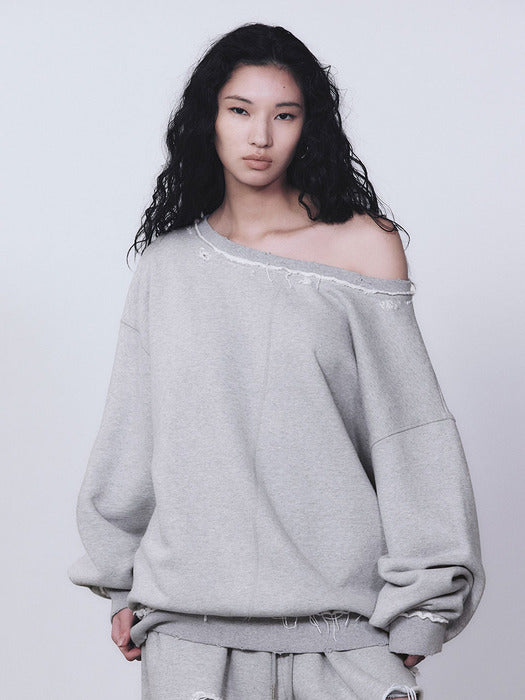Wconcept_Treemingbird Scratch Damage Boat Neck Sweat Shirt [ Melange Gray ]