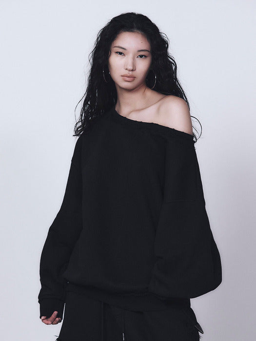 Wconcept_Treemingbird Scratch Damage Boat Neck Sweat Shirt [ Black ]