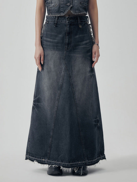 Wconcept_Treemingbird Vintage Frayed Denim Set-up Skirt [ Navy ]
