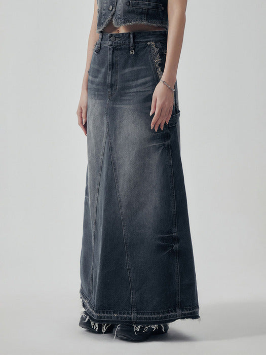Wconcept_Treemingbird Vintage Frayed Denim Set-up Skirt [ Navy ]