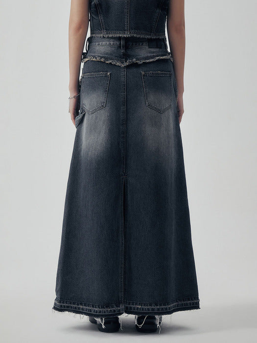 Wconcept_Treemingbird Vintage Frayed Denim Set-up Skirt [ Navy ]
