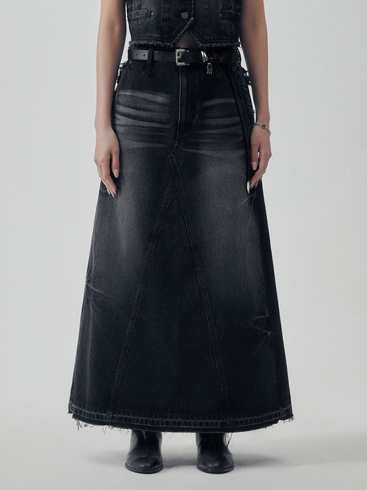 Wconcept_Treemingbird Vintage Frayed Denim Set-up Skirt [ Black ]