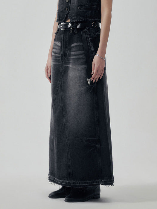 Wconcept_Treemingbird Vintage Frayed Denim Set-up Skirt [ Black ]