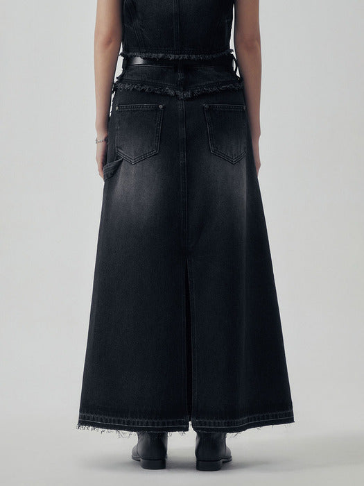 Wconcept_Treemingbird Vintage Frayed Denim Set-up Skirt [ Black ]