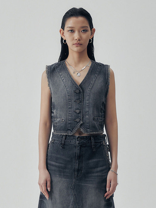 Wconcept_Treemingbird Vintage Frayed Denim Set-up Vest [ Navy ]