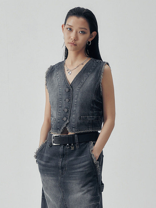 Wconcept_Treemingbird Vintage Frayed Denim Set-up Vest [ Navy ]