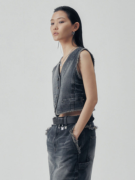 Wconcept_Treemingbird Vintage Frayed Denim Set-up Vest [ Navy ]