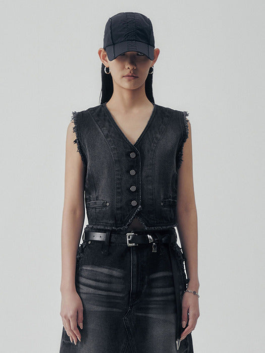 Wconcept_Treemingbird Vintage Frayed Denim Set-up Vest [ Black ]
