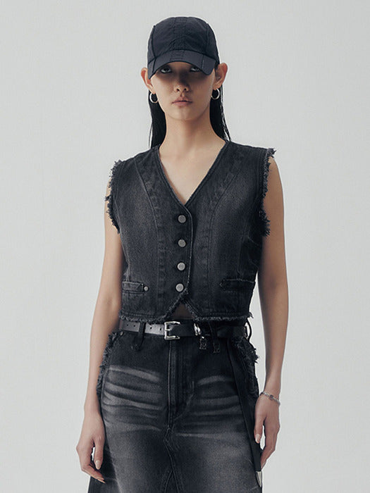 Wconcept_Treemingbird Vintage Frayed Denim Set-up Vest [ Black ]