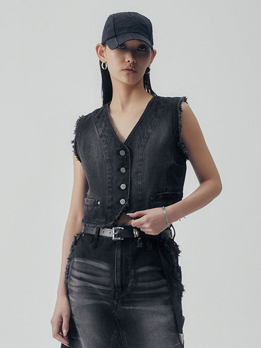 Wconcept_Treemingbird Vintage Frayed Denim Set-up Vest [ Black ]