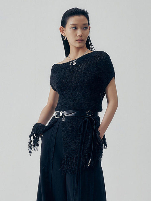 Wconcept_Treemingbird Slit Tassel Knit [ Black ]