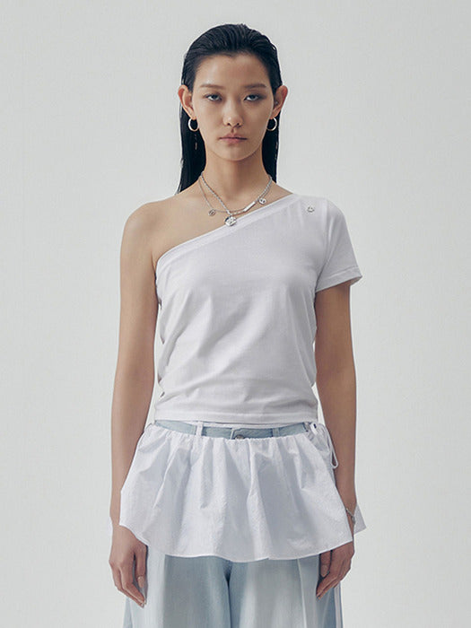 Wconcept_Treemingbird One-Shoulder Sleeve T-shirts [ White ]
