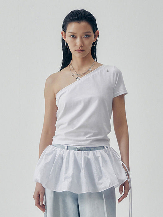 Wconcept_Treemingbird One-Shoulder Sleeve T-shirts [ White ]