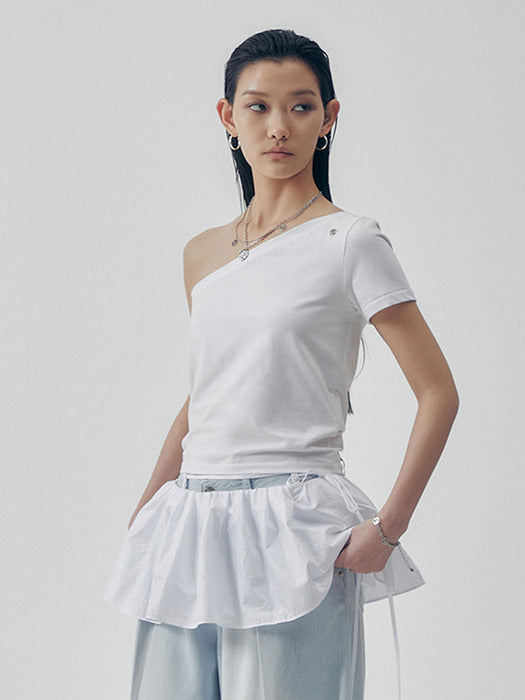 Wconcept_Treemingbird One-Shoulder Sleeve T-shirts [ White ]