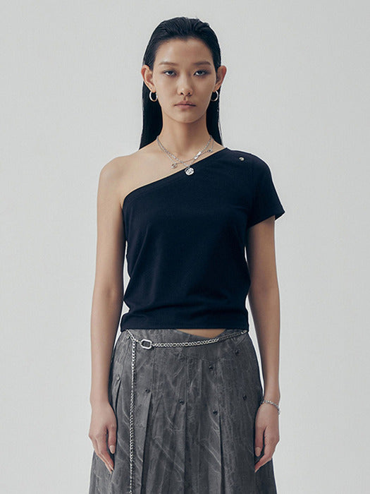 Wconcept_Treemingbird One-Shoulder Sleeve T-shirts [ Black ]