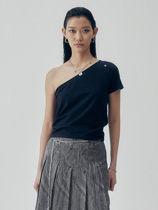 Wconcept_Treemingbird One-Shoulder Sleeve T-shirts [ Black ]
