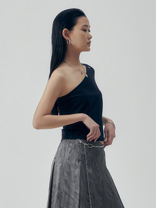 Wconcept_Treemingbird One-Shoulder Sleeve T-shirts [ Black ]