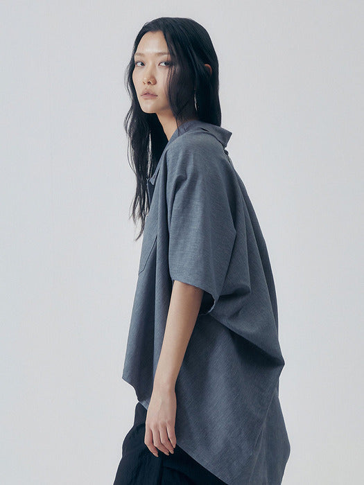 Wconcept_Treemingbird Oversized Poncho Short Sleeve Shirt [ Blue ]