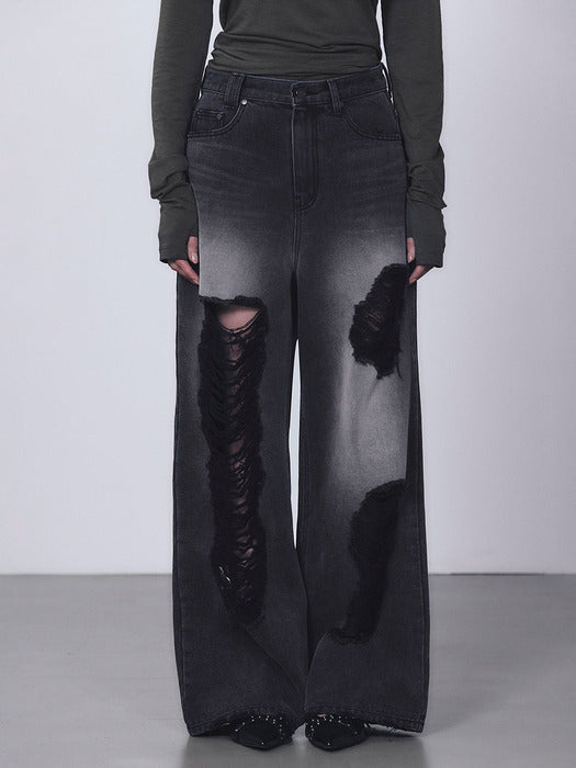 Wconcept_Treemingbird Scratch Damage Denim Pants [ Black ]