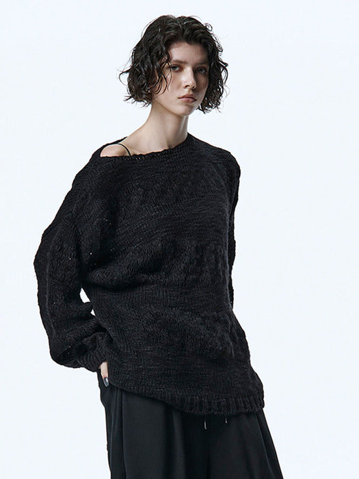 Wconcept_Treemingbird Blended Texture Knit Pullover [ Black ]