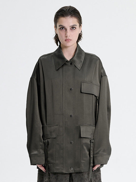 Wconcept_Treemingbird Glossy Satin Strap Jacket [ Khaki ]