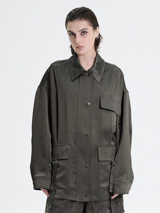 Wconcept_Treemingbird Glossy Satin Strap Jacket [ Khaki ]