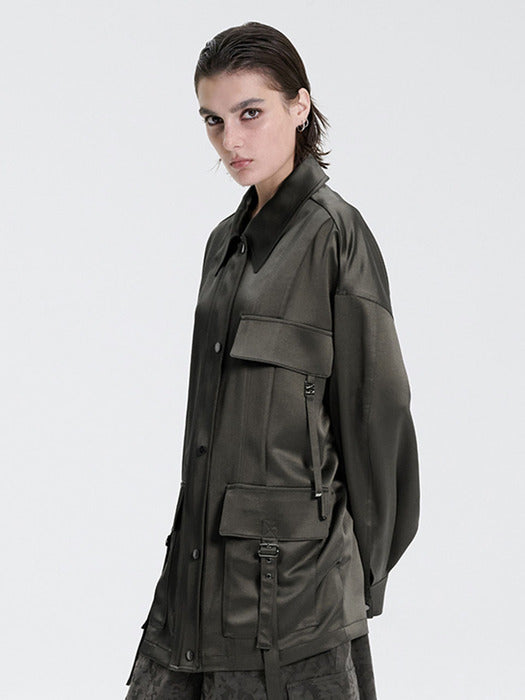 Wconcept_Treemingbird Glossy Satin Strap Jacket [ Khaki ]