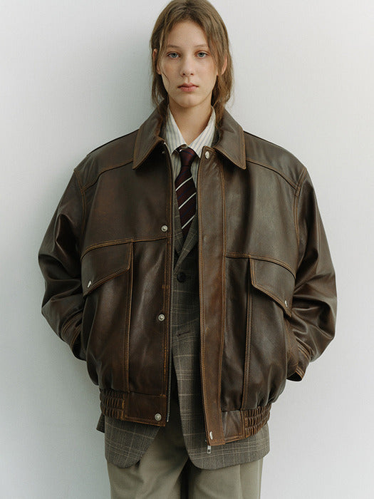 [dunst] UNISEX OVERSIZED VINTAGE LEATHER BLOUSON BRUSHED BROWN_UDJU6A103W2