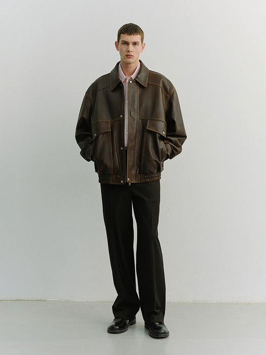 [dunst] UNISEX OVERSIZED VINTAGE LEATHER BLOUSON BRUSHED BROWN_UDJU6A103W2